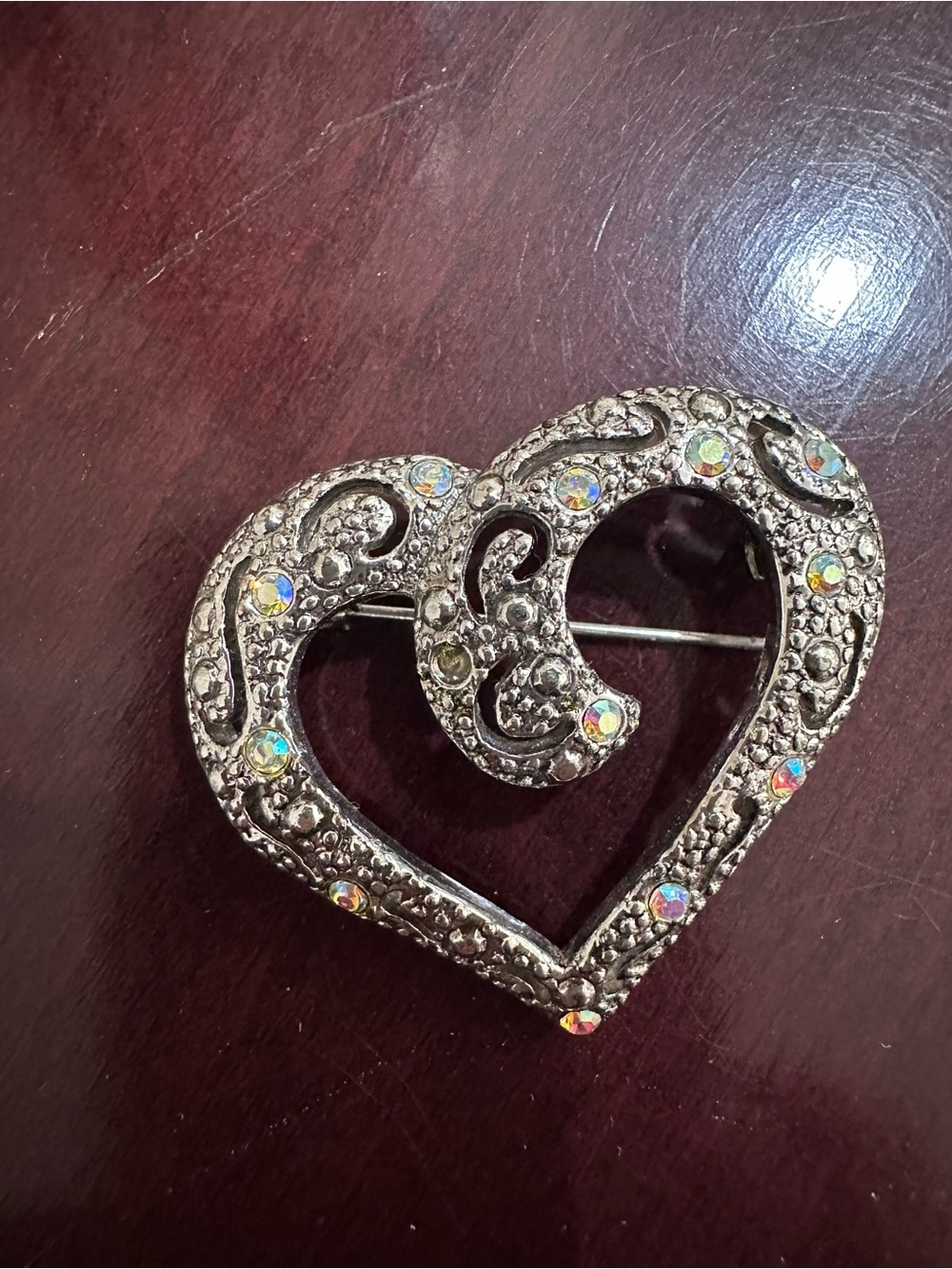 Heart-Shaped Crystal Accent Brooch - Silver Tone